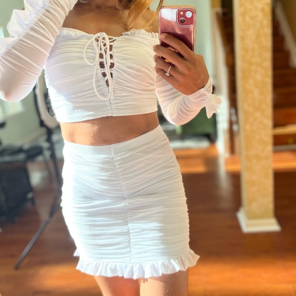 White Ruched & Ruffled Skirt Set by Fashion Nova - Picture 7 of 12